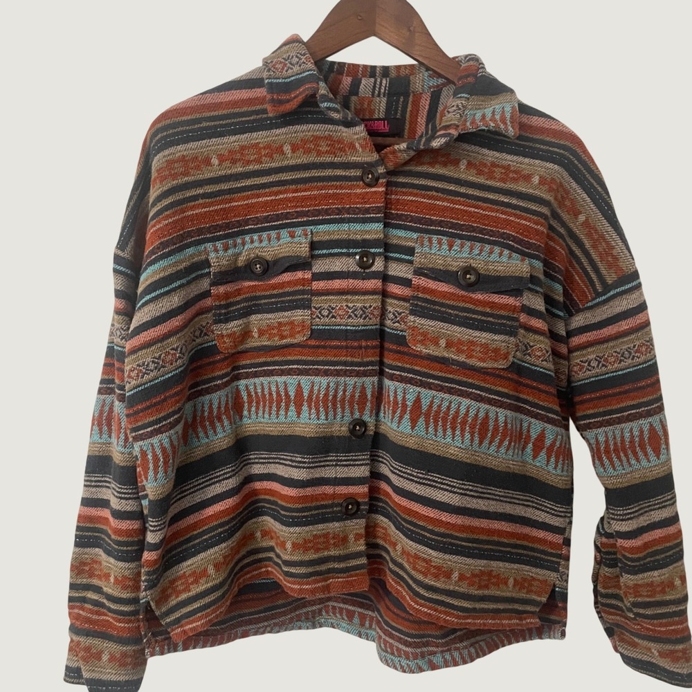 Rock & Roll Denim Southwestern Print Button Down Shacket Shirt Womens Large